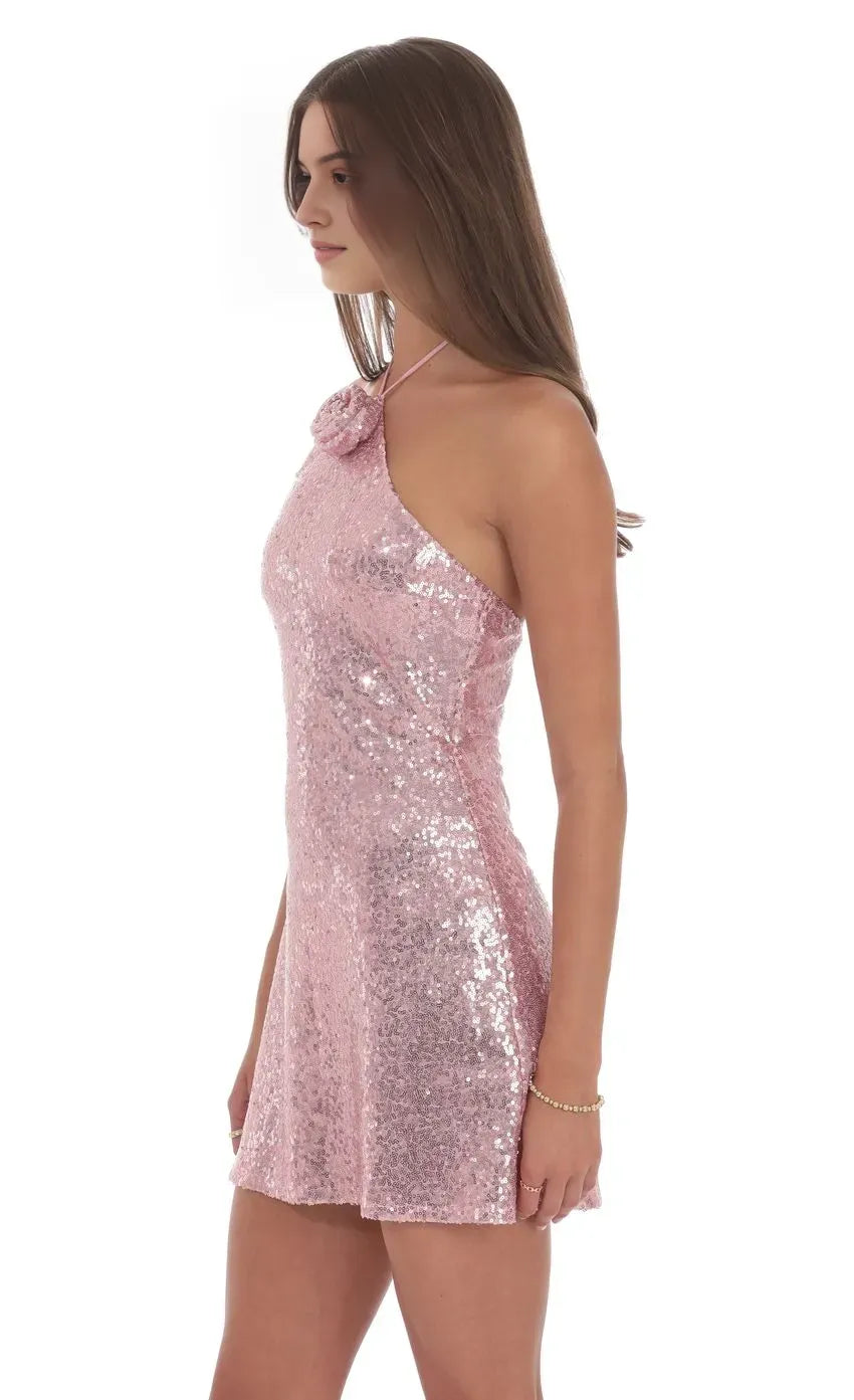 Chic Blush Sequin Halter Homecoming Dresses Intricate Rose Brooch  All Over Sparkle Ideal for Elevated