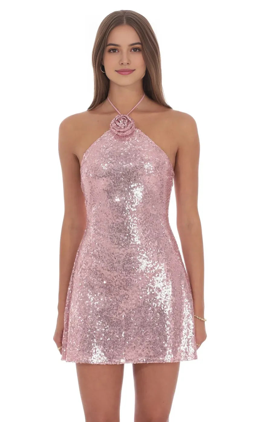 Chic Blush Sequin Halter Homecoming Dresses Intricate Rose Brooch  All Over Sparkle Ideal for Elevated