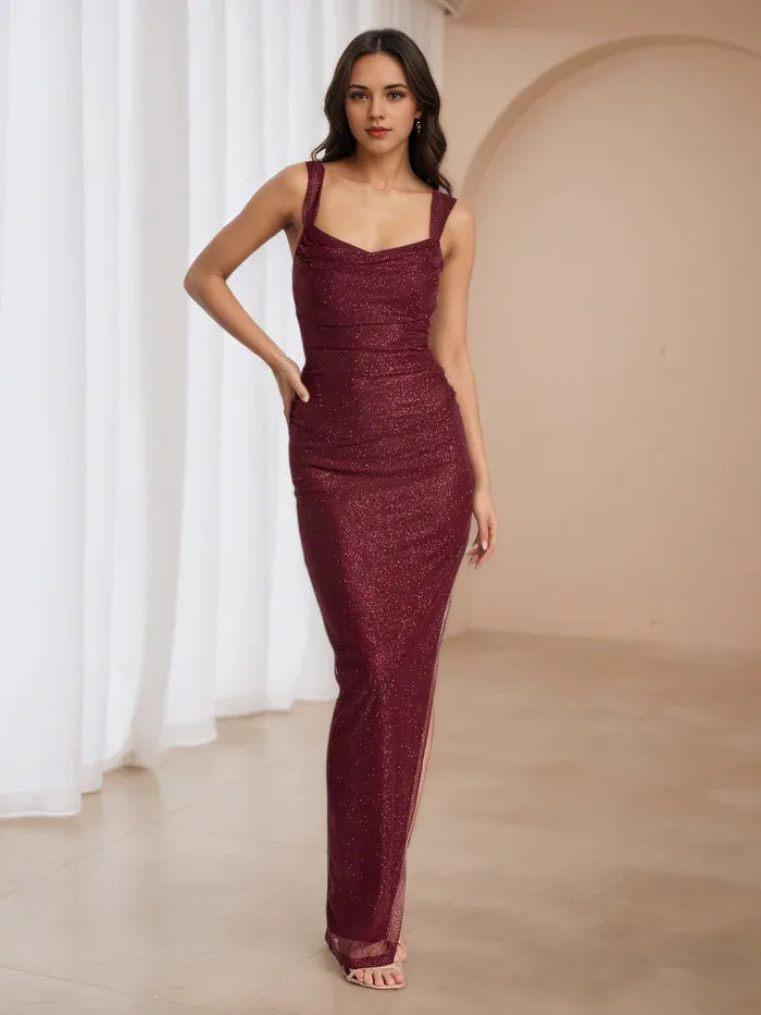 Chic Burgundy Glitter Prom Dress Cowl Neckline Wide Straps  All - Over Sparkle for Glamorous Galas
