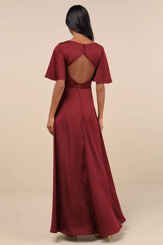Chic Burgundy Satin Evening Dress with Deep V - Neck Flutter Sleeves Side Slit  A Bold Choice for Trendy Urban Soirées