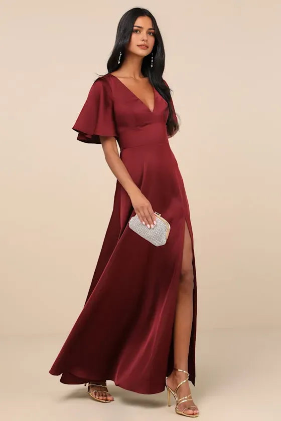 Chic Burgundy Satin Evening Dress with Deep V - Neck Flutter Sleeves Side Slit  A Bold Choice for Trendy Urban Soirées