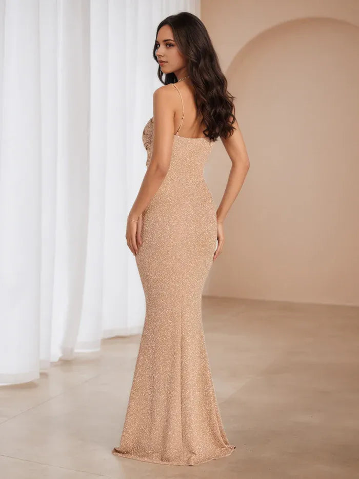 Chic Champagne Glitter Prom Dress Square Neckline Ruched Bodice Mermaid Silhouette