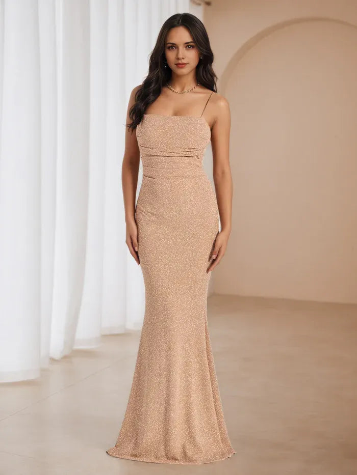 Chic Champagne Glitter Prom Dress Square Neckline Ruched Bodice Mermaid Silhouette