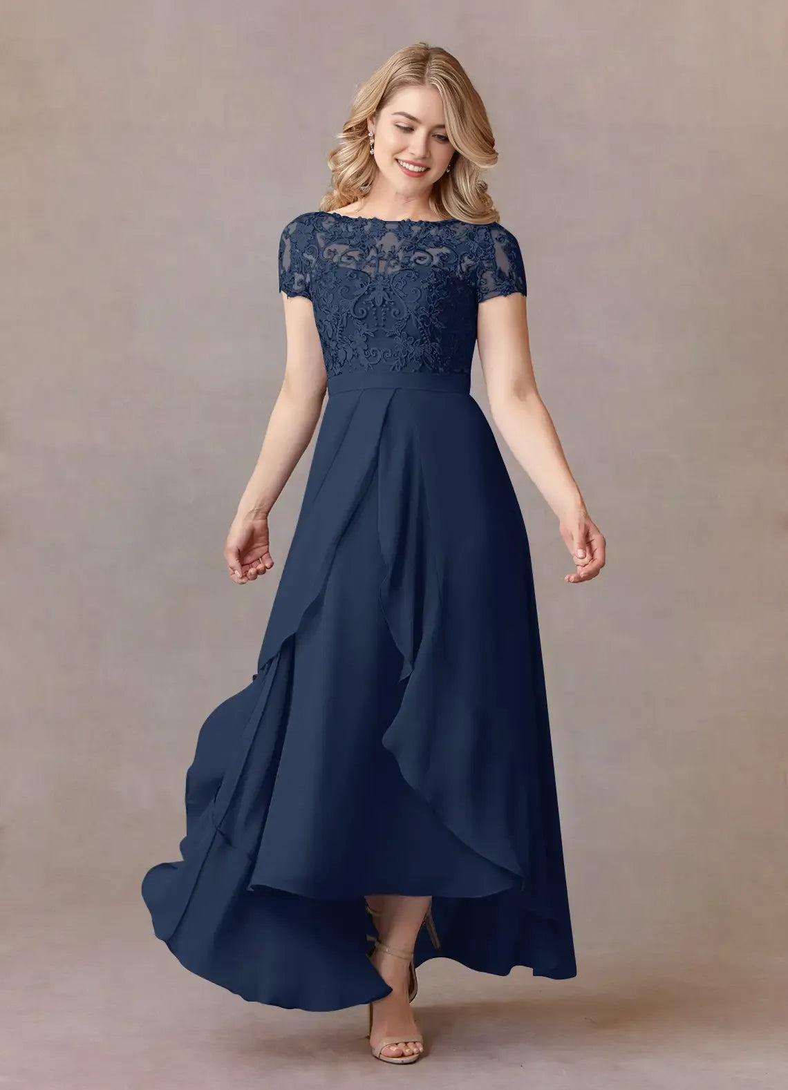 Chic Dark Navy A-Line Lace Chiffon Mother of the Bride Dresses Sheer Overlay Cap Sleeves Intricate Embroidery Draped High - Low Hemline