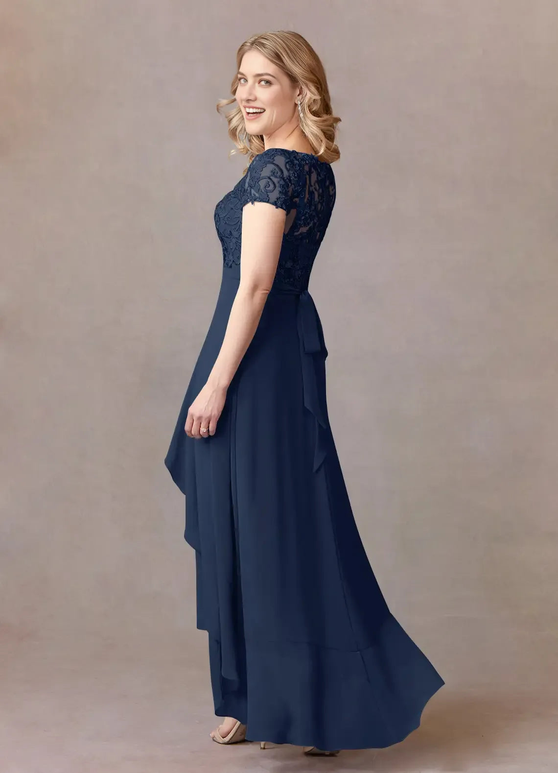 Chic Dark Navy A-Line Lace Chiffon Mother of the Bride Dresses Sheer Overlay Cap Sleeves Intricate Embroidery Draped High - Low Hemline