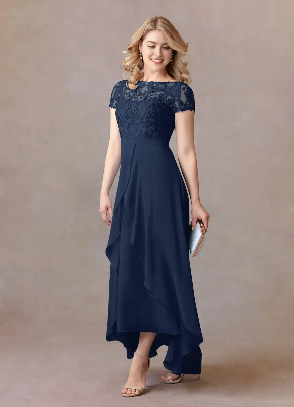 Chic Dark Navy A-Line Lace Chiffon Mother of the Bride Dresses Sheer Overlay Cap Sleeves Intricate Embroidery Draped High - Low Hemline