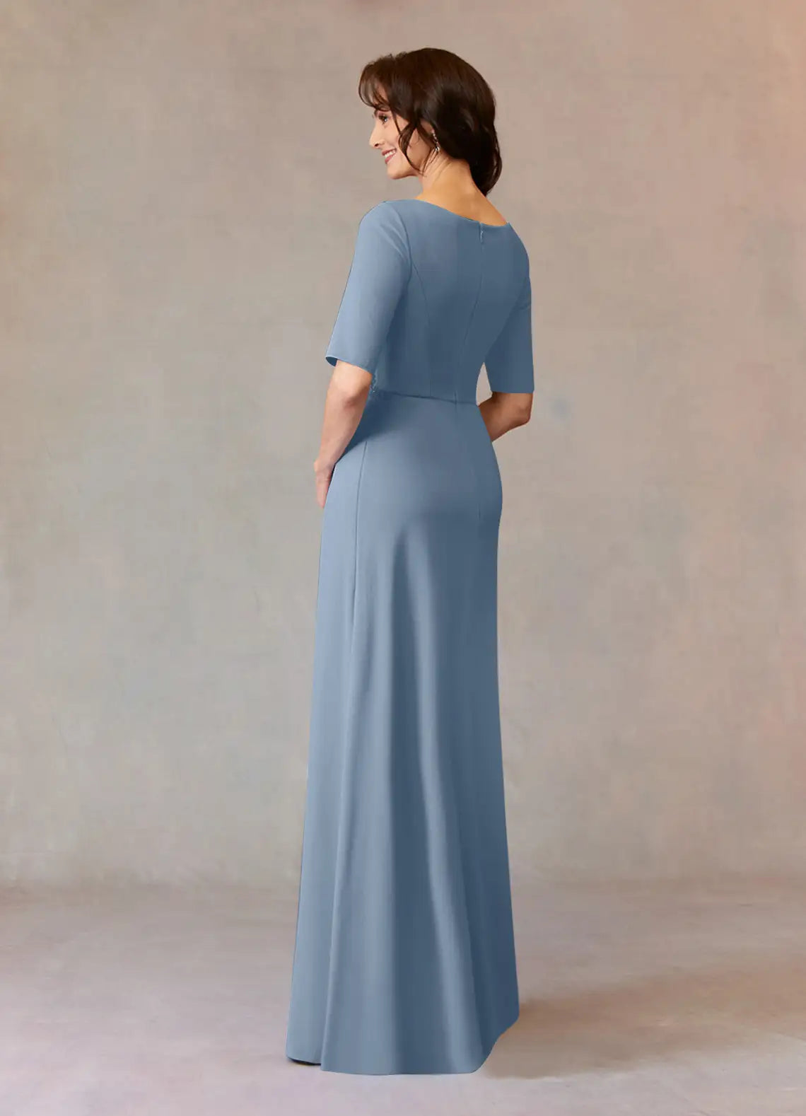 Chic Dusty Blue A-Line Sequins Crepe Mother of the Bride Dress with Embroidered Waistband Boat Neckline Elbow  Length Sleeves hot sale