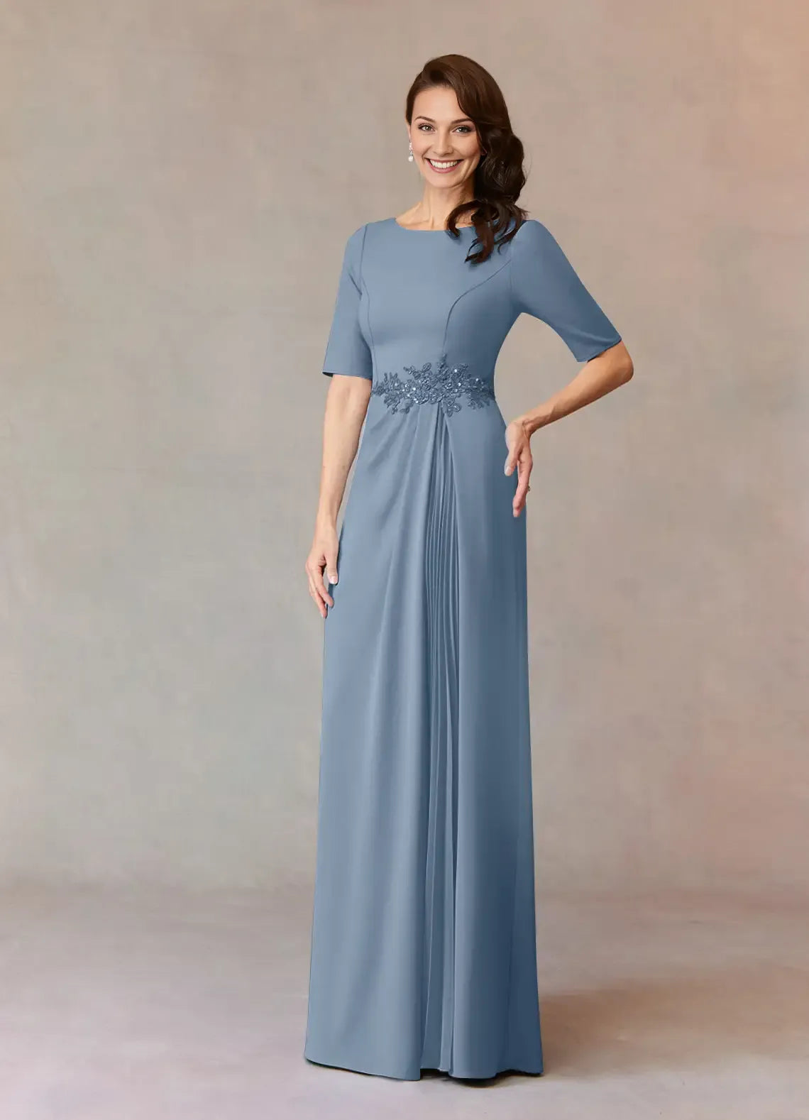 Chic Dusty Blue A-Line Sequins Crepe Mother of the Bride Dress with Embroidered Waistband Boat Neckline Elbow  Length Sleeves hot sale
