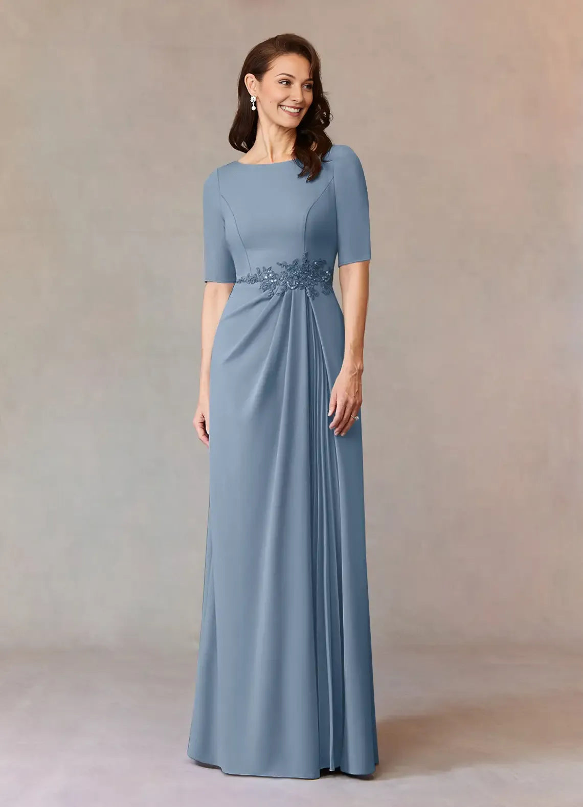 Chic Dusty Blue A-Line Sequins Crepe Mother of the Bride Dress with Embroidered Waistband Boat Neckline Elbow  Length Sleeves hot sale
