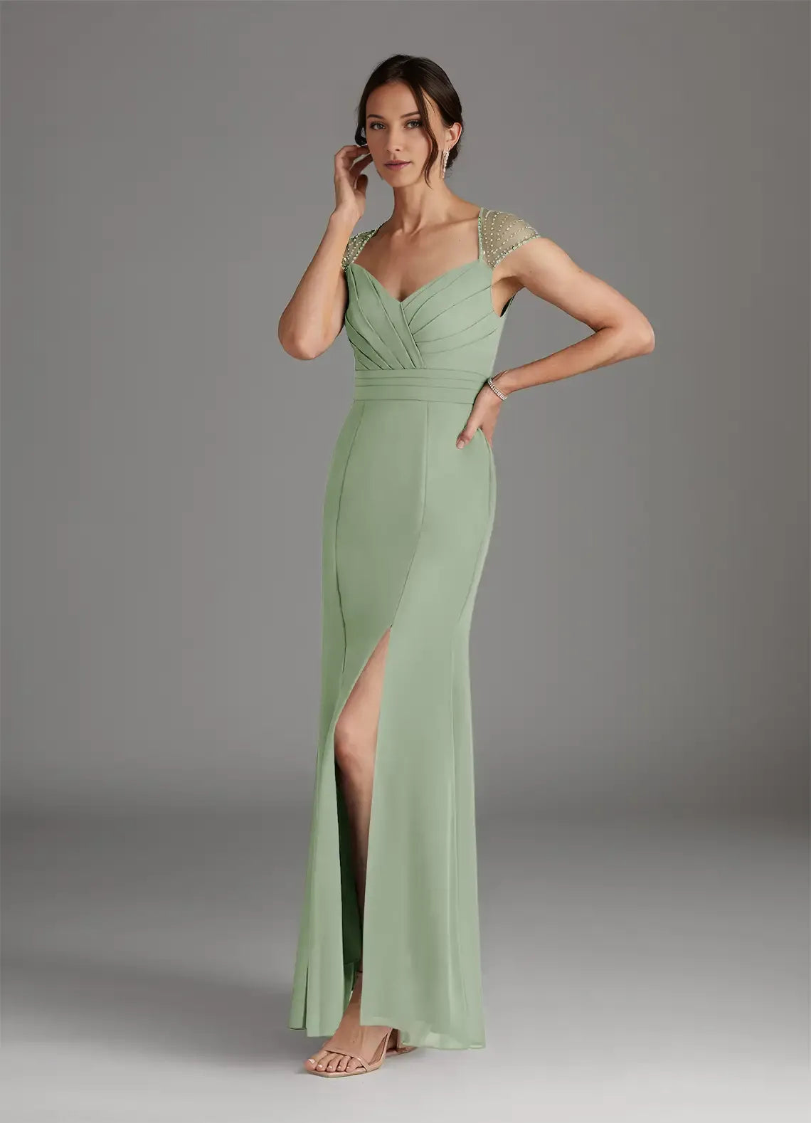 Chic Dusty Mermaid Sequins Mother of the Bride Dress with Sweetheart Neckline Beaded Cap Sleeves Ruched Bodice Side Slit