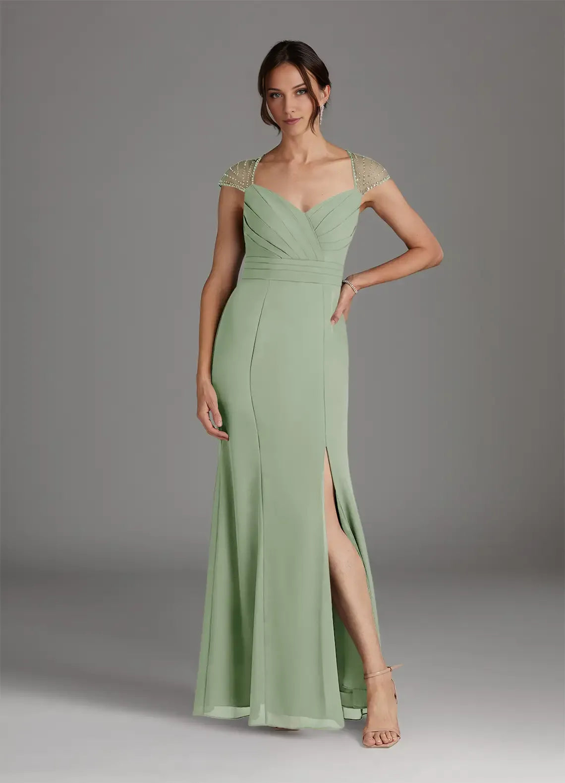 Chic Dusty Mermaid Sequins Mother of the Bride Dress with Sweetheart Neckline Beaded Cap Sleeves Ruched Bodice Side Slit