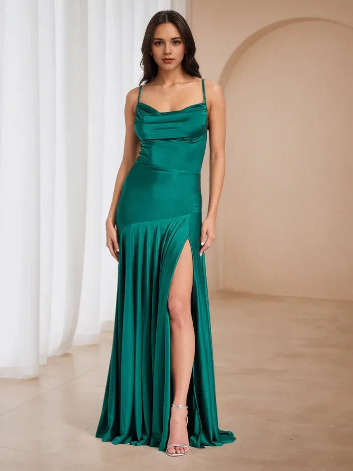 Chic Emerald Green Satin Prom Dress Cowl Neckline Spaghetti Straps Flattering Fit for Glamorous Galas