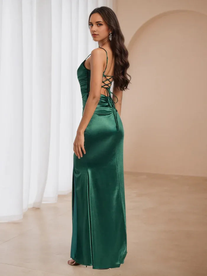 Chic Emerald Green Satin Prom Dress Cowl Neckline Spaghetti Straps  Ruched Design for Glamorous Galas