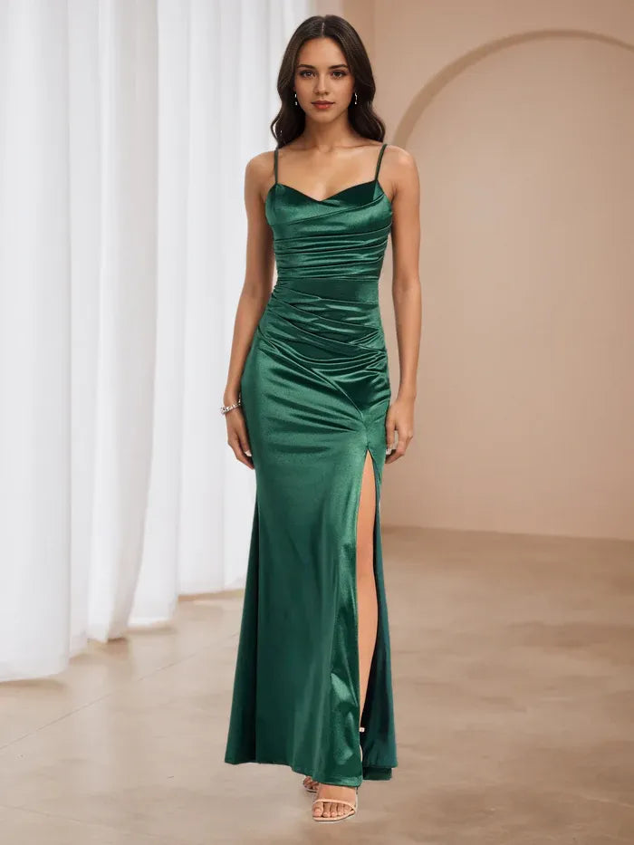 Chic Emerald Green Satin Prom Dress Cowl Neckline Spaghetti Straps  Ruched Design for Glamorous Galas