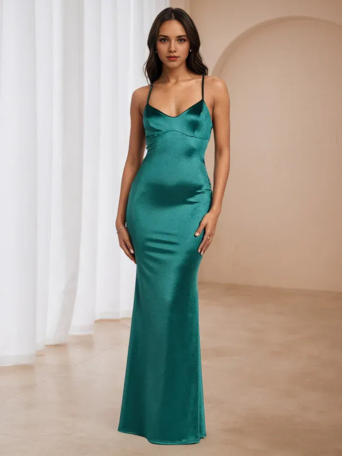 Chic Emerald Green Satin Prom Dress Plunging V - Neck Spaghetti Straps  Flattering Fit for Memorable Galas