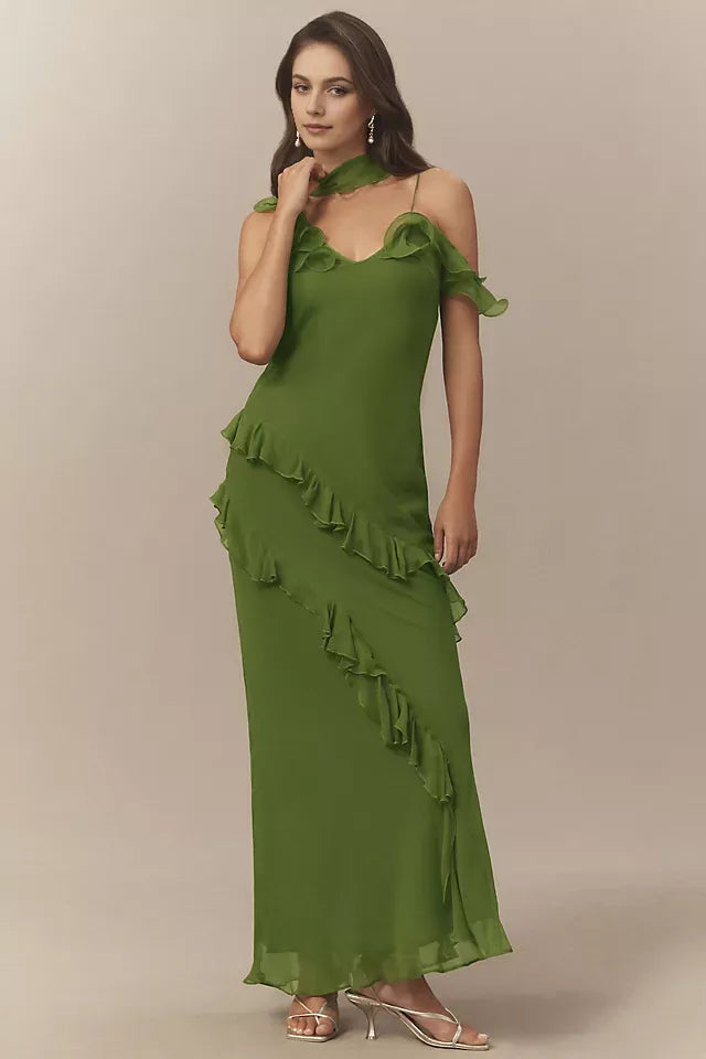 Chic Forest Green Sheath Halter Neck Ruffled Sleeveless Open Back Floor Length Prom Dresses