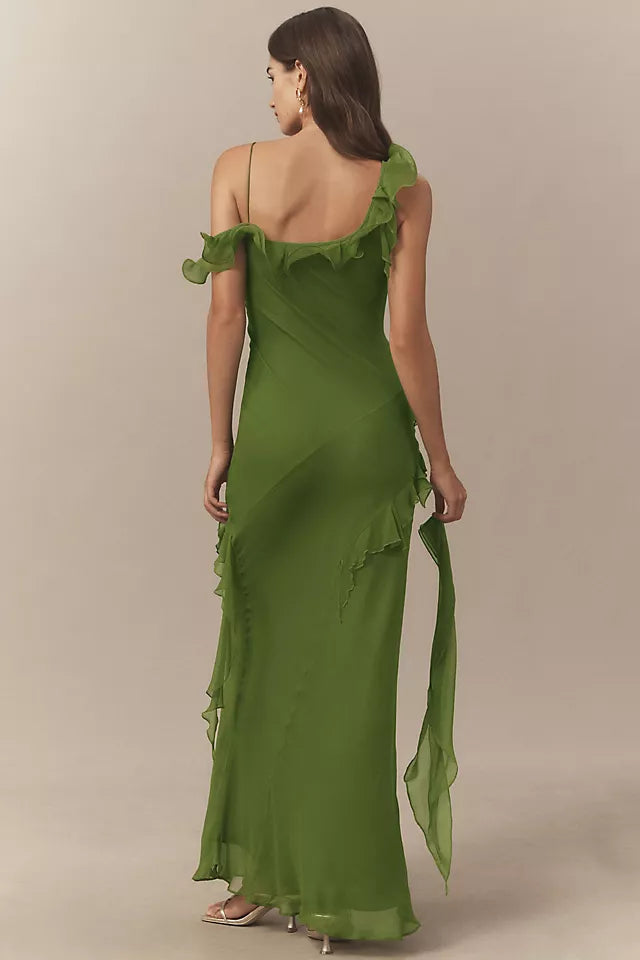 Chic Forest Green Sheath Halter Neck Ruffled Sleeveless Open Back Floor Length Prom Dresses
