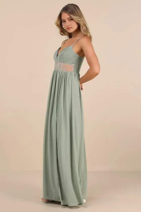 Chic Green Chiffon Prom Dress Spaghetti Straps Plunging V Neck and Alluring Sheer Lace - Inset Waist for a Stunning Look
