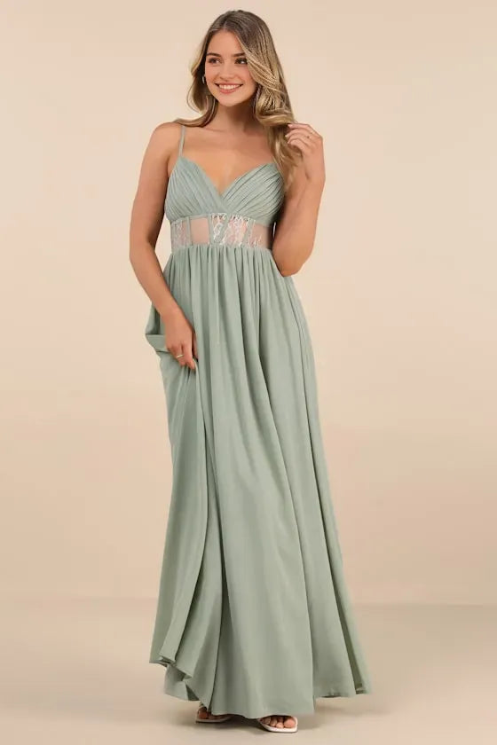 Chic Green Chiffon Prom Dress Spaghetti Straps Plunging V Neck and Alluring Sheer Lace - Inset Waist for a Stunning Look