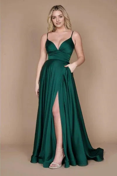 Chic Green Spaghetti-Straps Sleeveless Column Satin Evening Dresses With Ruffles