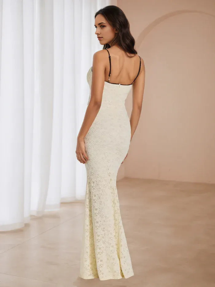 Chic Ivory Lace Prom Dress Contrast Neckline Spaghetti Straps Bow Embellishment for Glamorous Galas