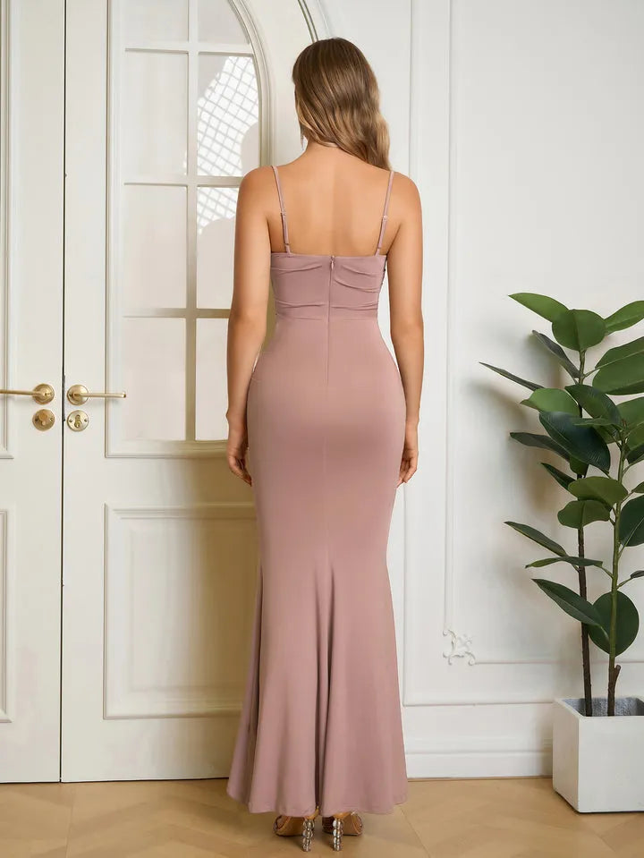 Chic Khaki Mermaid Square Neck Spaghetti Strap Solid Back Floor-Length Ruched Prom Dresses