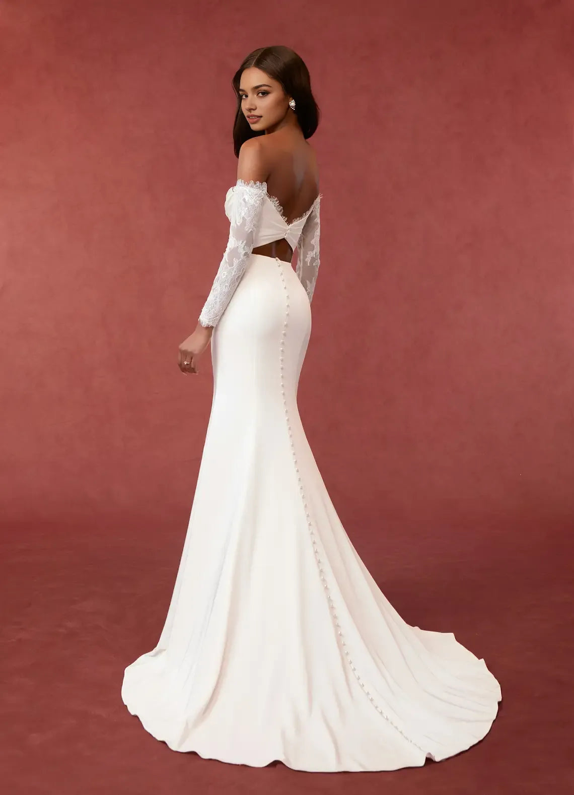 Chic Lace Satin Mermaid Sequins Crepe Back Bodice Wedding Dresses Off - Shoulder Neckline Ruched Detailing High Slit Train for Formal