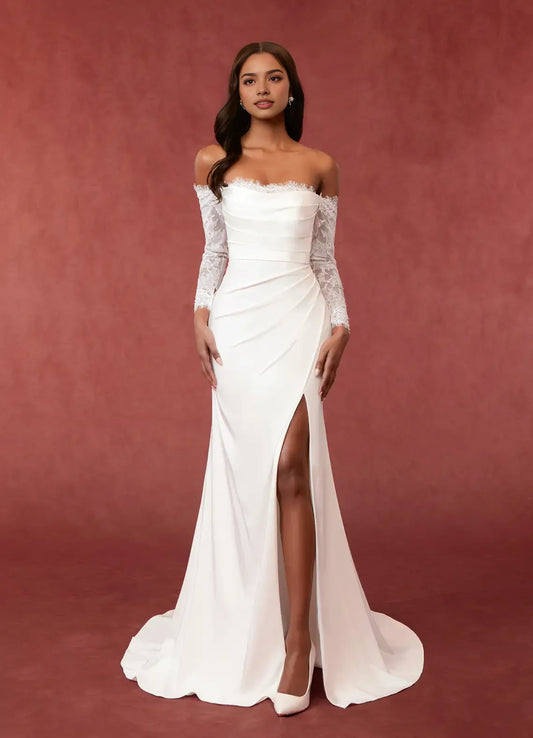 Chic Lace Satin Mermaid Sequins Crepe Back Bodice Wedding Dresses Off - Shoulder Neckline Ruched Detailing High Slit Train for Formal