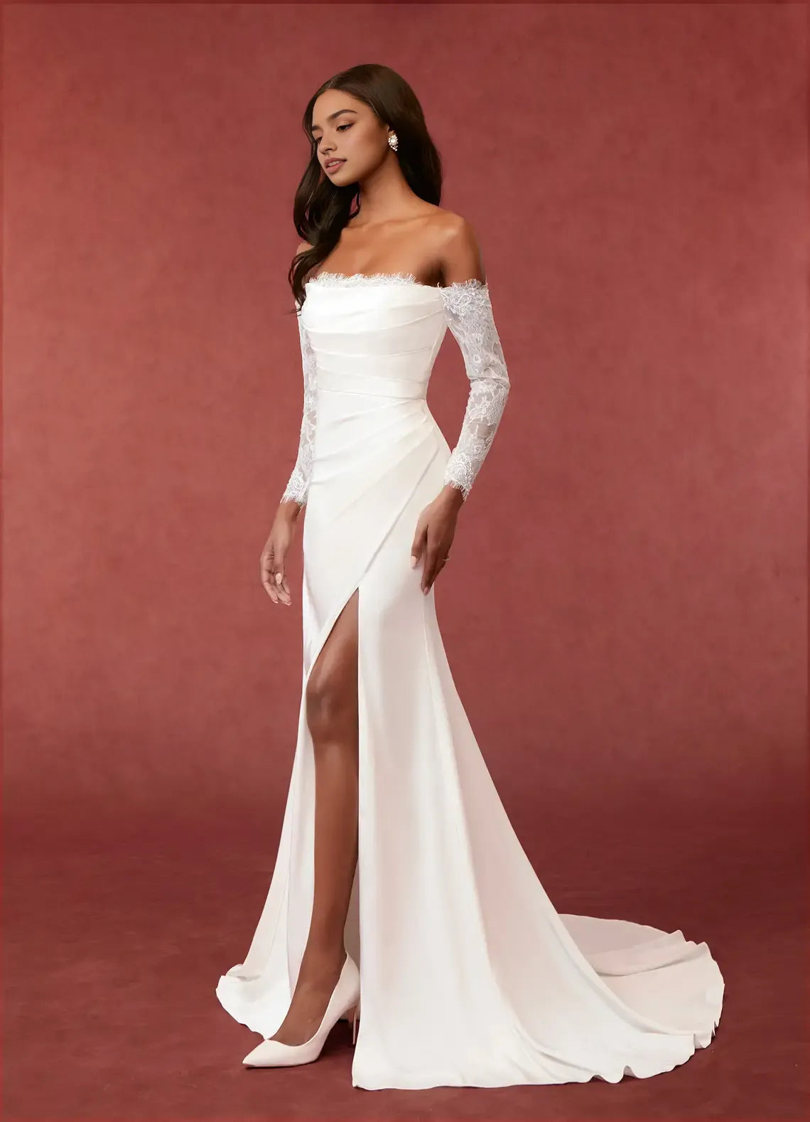 Chic Lace Satin Mermaid Sequins Crepe Back Bodice Wedding Dresses Off - Shoulder Neckline Ruched Detailing High Slit Train for Formal