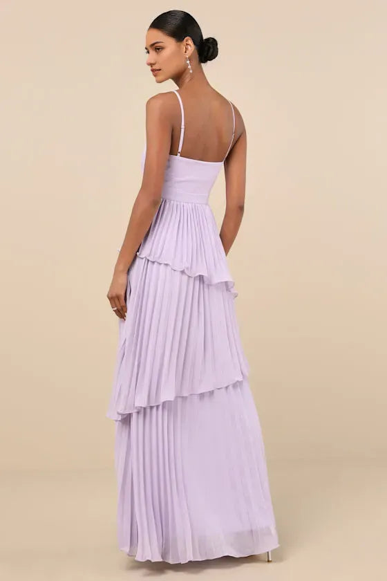 Chic Lavender Chiffon Prom Dress Spaghetti Straps Pleated Bodice Asymmetric Tiered Skirt for a Stunning Look