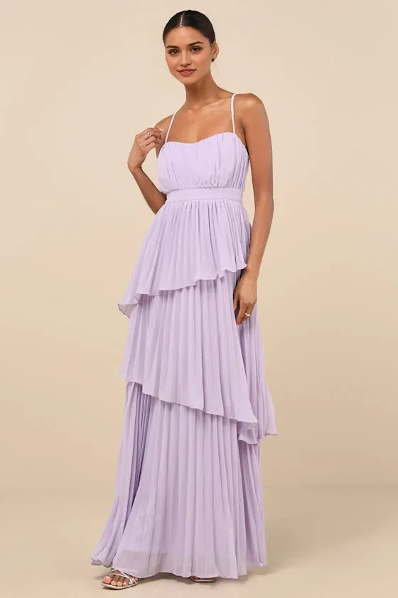 Chic Lavender Chiffon Prom Dress Spaghetti Straps Pleated Bodice Asymmetric Tiered Skirt for a Stunning Look