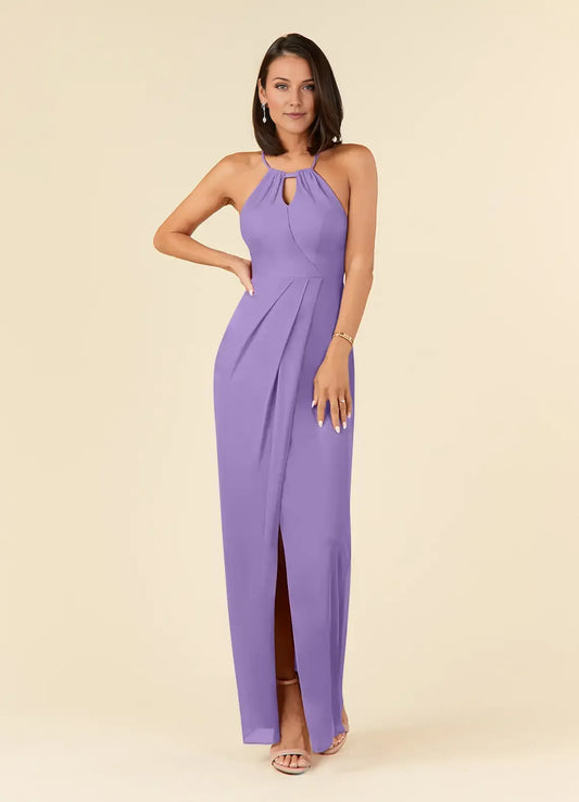 Chic Lavender Mother of the Bride Dress with Halter Neckline Keyhole Cutout Pleated Detail and Side Slit