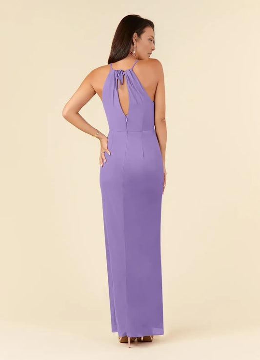 Chic Lavender Mother of the Bride Dress with Halter Neckline Keyhole Cutout Pleated Detail and Side Slit