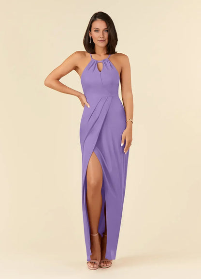 Chic Lavender Mother of the Bride Dress with Halter Neckline Keyhole Cutout Pleated Detail and Side Slit
