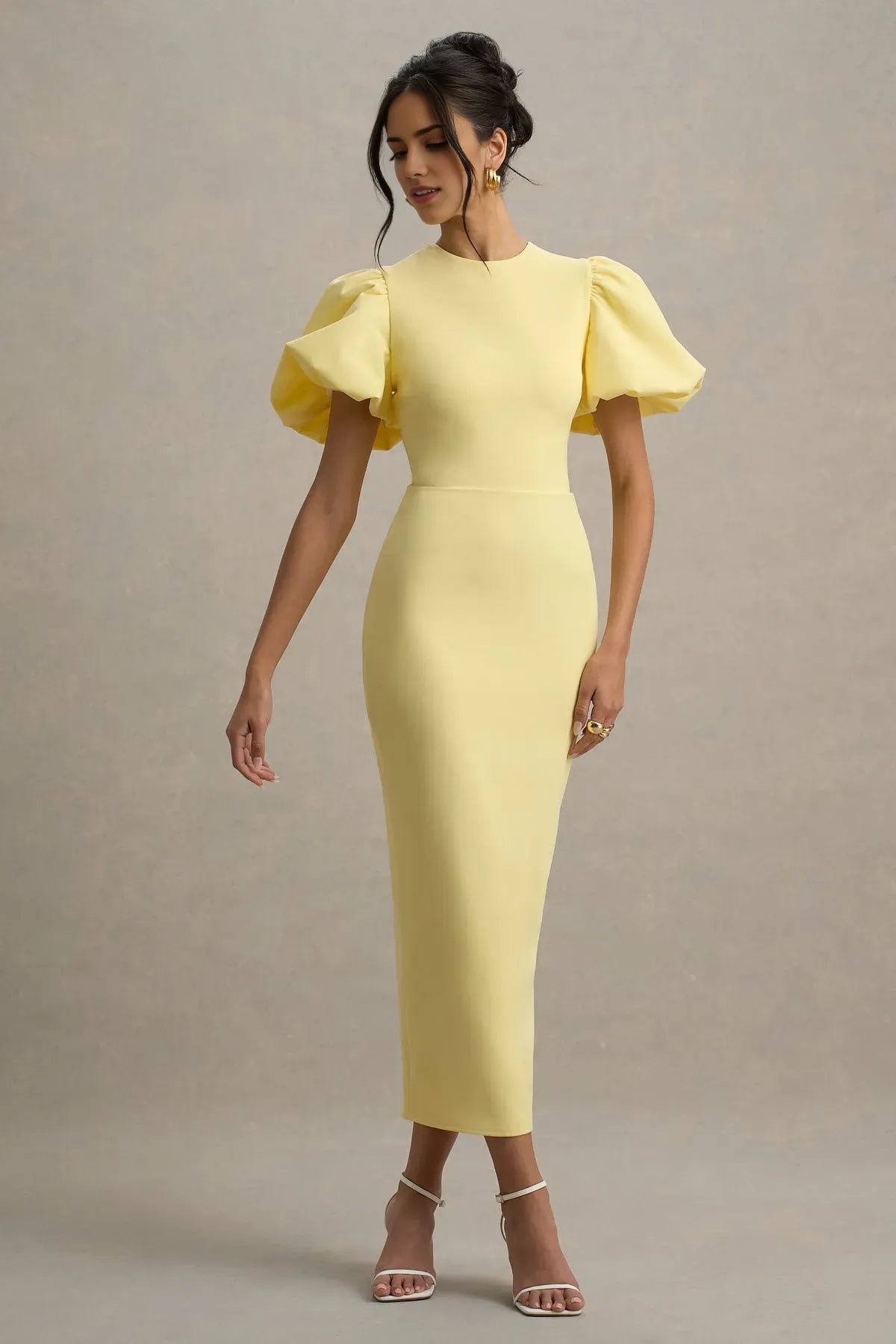 Chic Lemon Yellow Prom Dresses with Puff Sleeves Round Neckline Bodycon Fit  Perfect for Evening Cocktail Parties Glam Occasions