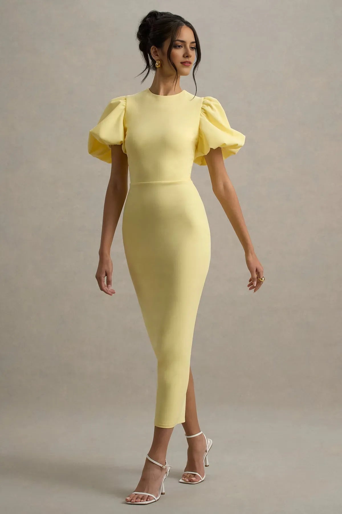 Chic Lemon Yellow Prom Dresses with Puff Sleeves Round Neckline Bodycon Fit  Perfect for Evening Cocktail Parties Glam Occasions
