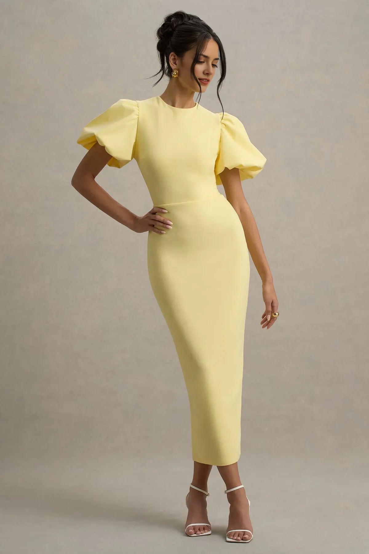 Chic Lemon Yellow Prom Dresses with Puff Sleeves Round Neckline Bodycon Fit  Perfect for Evening Cocktail Parties Glam Occasions