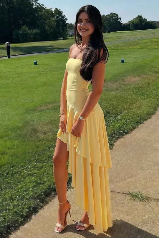 Chic Light Blue Asymmetrical Strapless Sleeveless Ruffled Satin Back Zip High-Low Prom Dresses