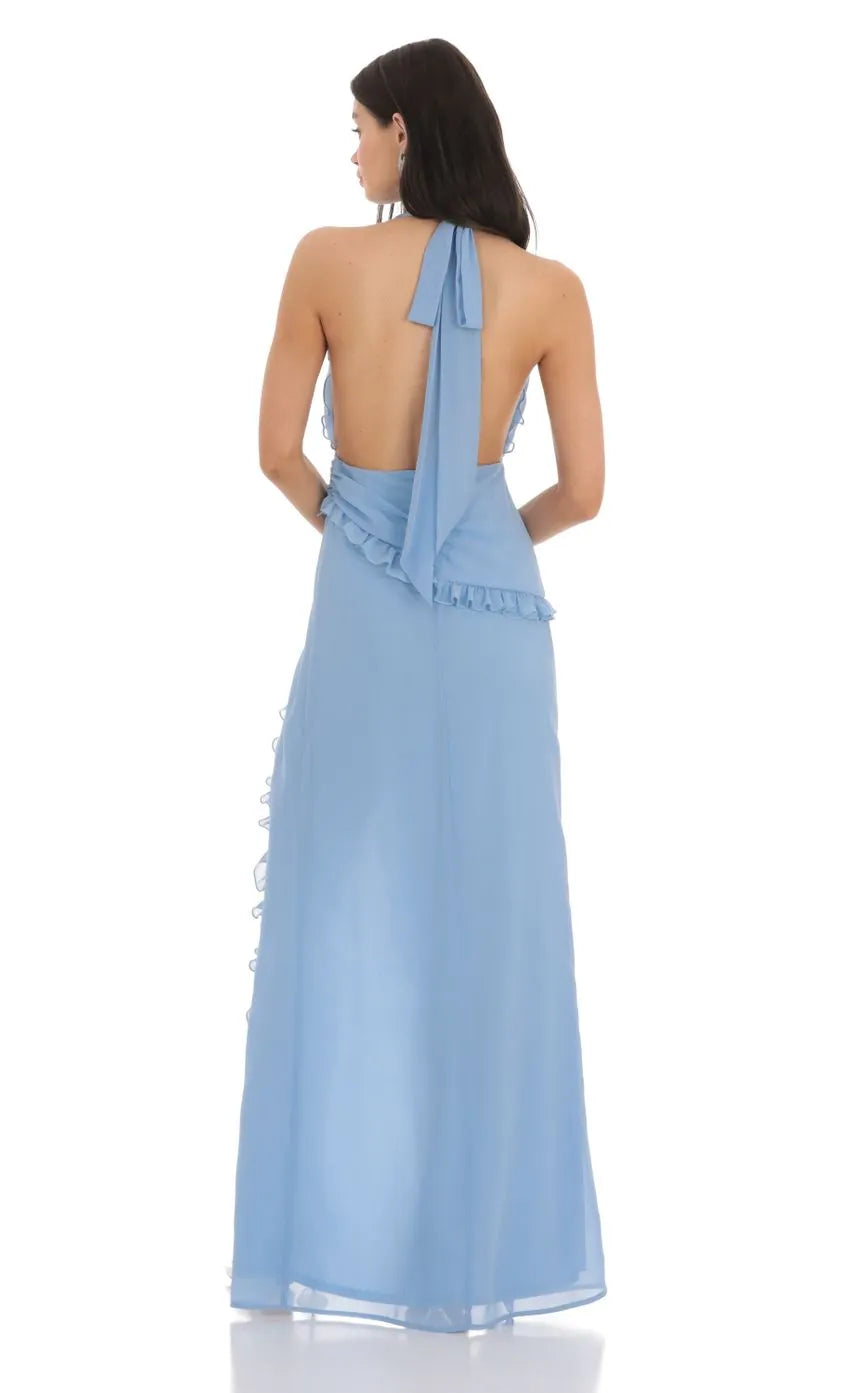 Chic Light Blue Halter Prom Dress Ruffled Plunging Neckline Wrap Around Detail High Slit Shine at Prom Night