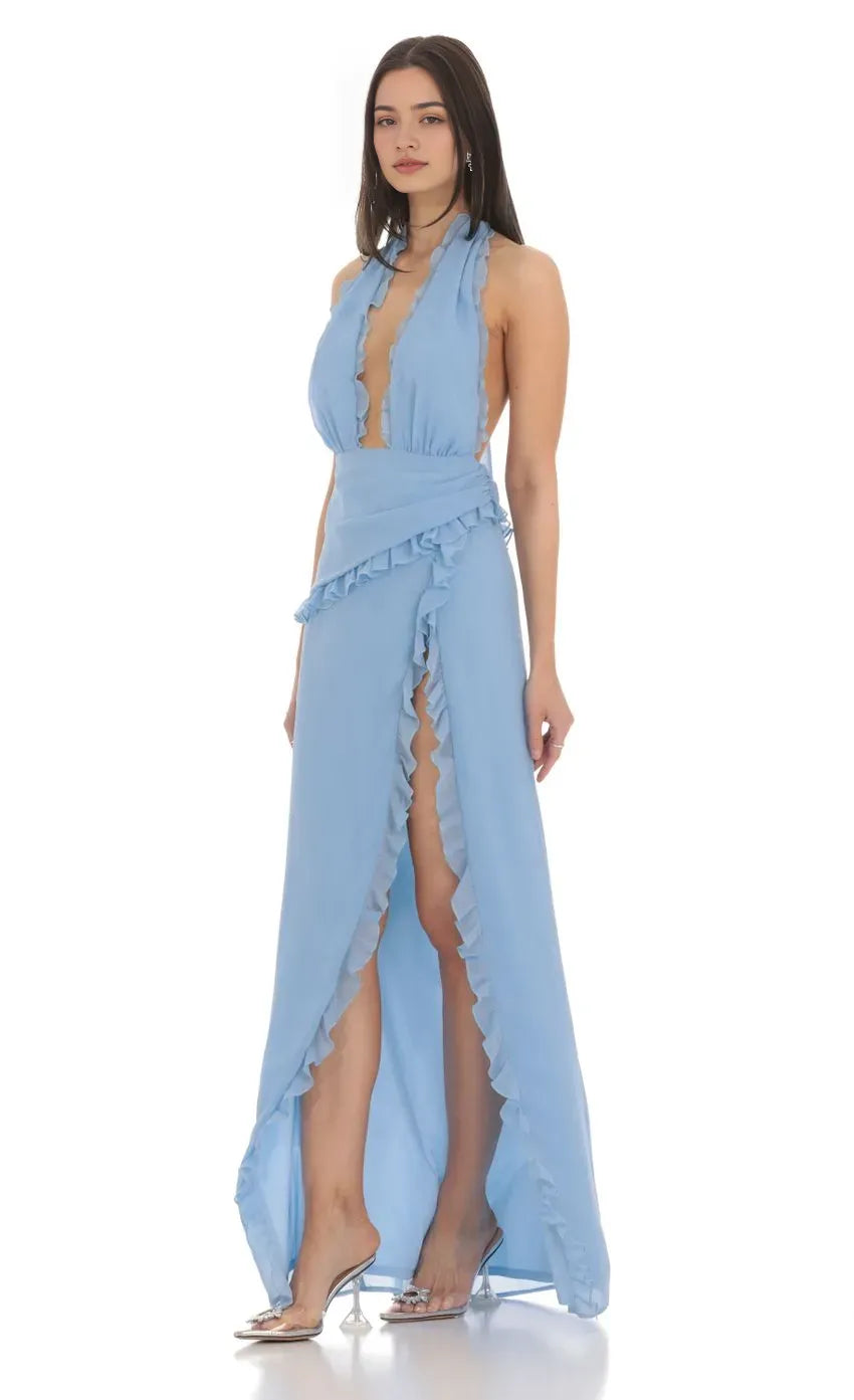 Chic Light Blue Halter Prom Dress Ruffled Plunging Neckline Wrap Around Detail High Slit Shine at Prom Night