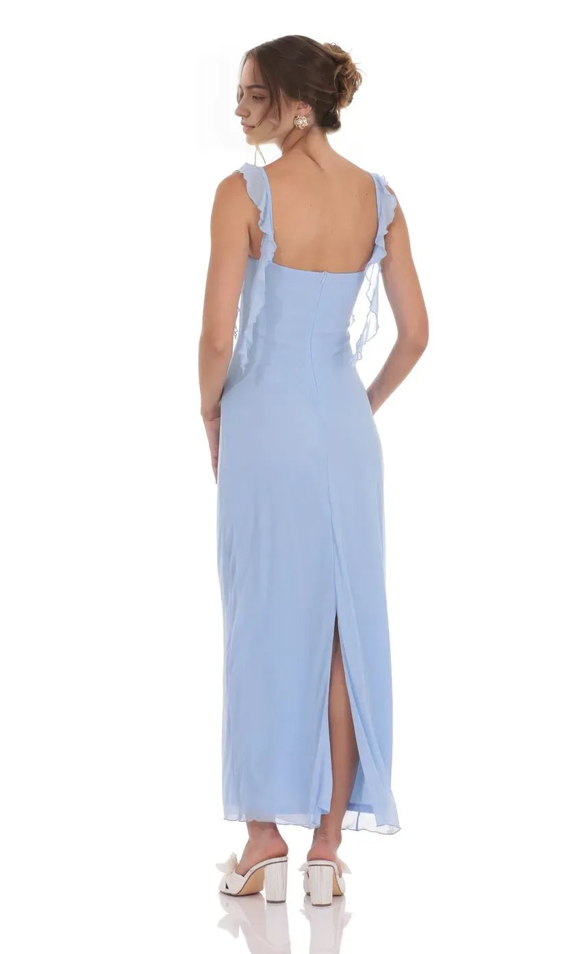 Chic Light Blue Prom Dress with Ruffled Spaghetti Straps Sweetheart Neckline and Flowy Chiffon Skirt A Must - Have for Memorable Prom Evenings