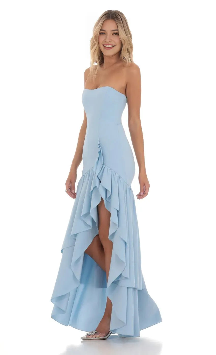 Chic Light Blue Satin Prom Dress with Ruffled Straps Plunging Neckline Mermaid Fit  A Stylish Choice for Memorable Occasions
