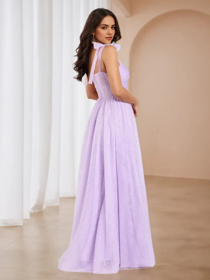 Chic Lilac Glitter Prom Gown Bow  Detailed Straps Sheer Bodice High Slit  Perfect for Glamorous