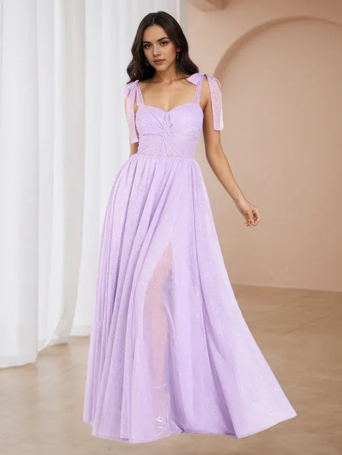 Chic Lilac Glitter Prom Gown Bow  Detailed Straps Sheer Bodice High Slit  Perfect for Glamorous