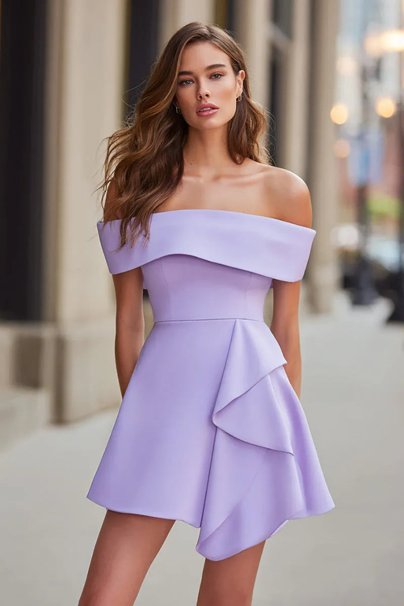 Chic Lilac Structured Crepe Off - Shoulder Homecoming Dress with Asymmetric Ruffle
