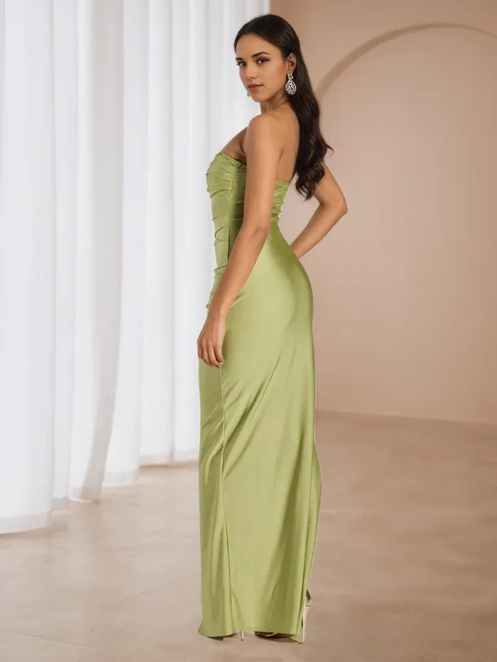 Chic Lime Green Satin Strapless Prom Dress Ruched Design Side Slit for Glamorous Prom Nights