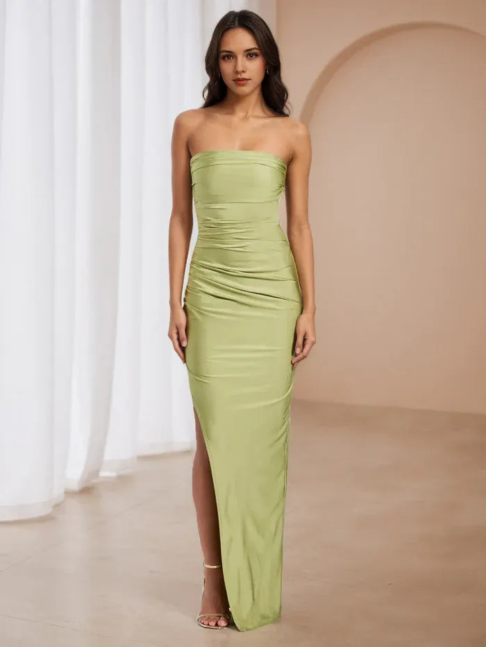 Chic Lime Green Satin Strapless Prom Dress Ruched Design Side Slit for Glamorous Prom Nights
