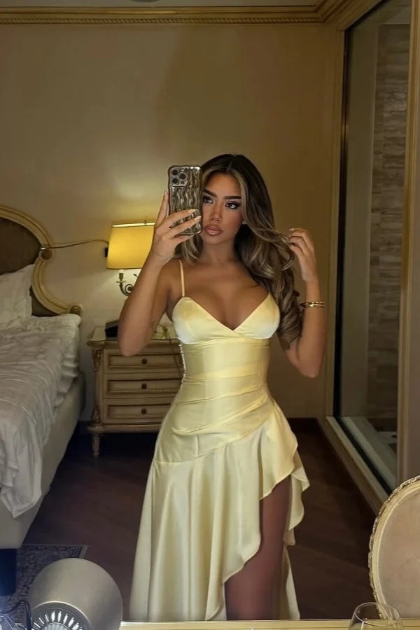 Chic Mermaid Spaghetti Strap Ruffle Lemon Midi Prom Dress