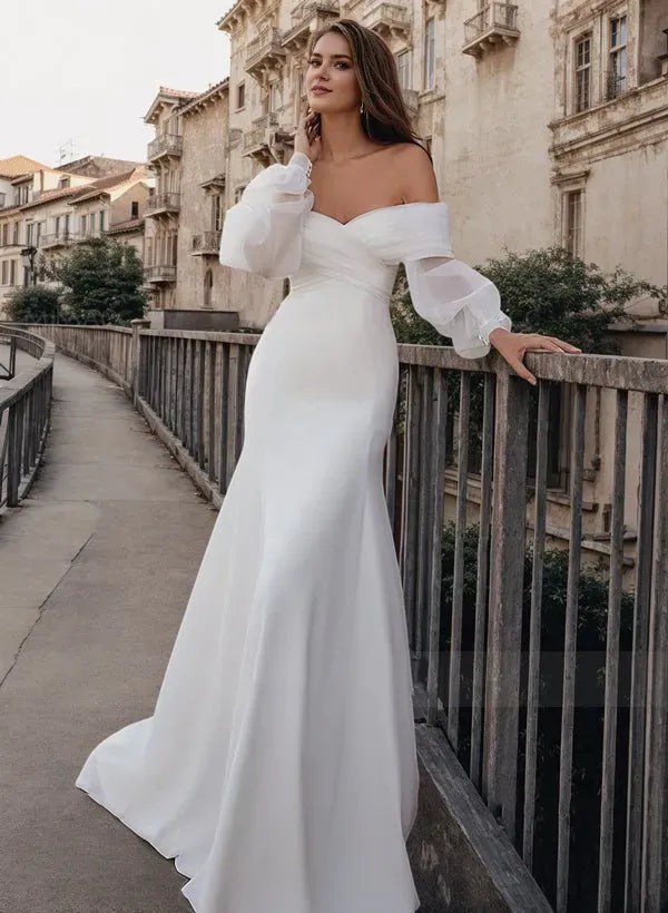 Chic Mermaid Sweetheart Neck Cold-Shoulder Zipper Back Sweep Train Satin Wedding Dresses