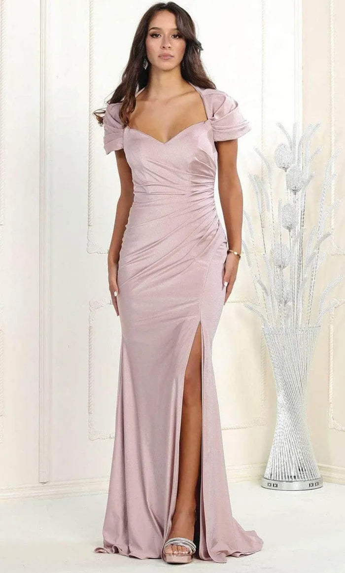 Chic Modern Blush Pink Mermaid Evening Gown with Puff Sleeves Ruched Bodice High Slit  Bold Style for Fashion Forward Cocktail Parties  Urban